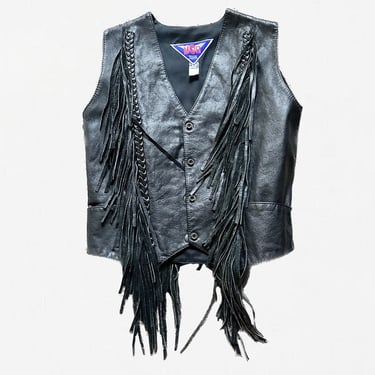 Black Leather Vest, Vintage Leather Vest, Fringe Leather Vest, Motorcycle Vest, Fringe Vest, Biker Vest, Vest By MOB, Vintage MOB Vest 
