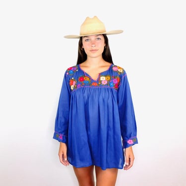 Mexican Gauze Blouse // vintage blue cotton boho hippie Mexican hand embroidered dress hippy tunic // O/S 