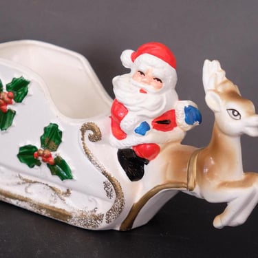 1950s Christmas Santa Claus Reindeer Sleigh Ceramic Planter 