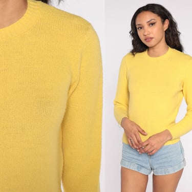 80s Sweater Knit Sweater Yellow Sweater Crewneck Pullover Sweater Jumper Plain 1980s Hipster Vintage Knitwear Retro Basics Acrylic Small S 