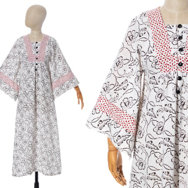 Vintage 1970s Maxi Dress | 70s Floral Block Print White Cotton Angel Bell Sleeve Boho Full Length Dress (x-small) 