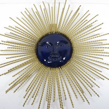 Vintage Blue Glass Celestial Sun Face Brass Frame Wall Hanging 