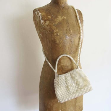 Vintage Pearl Beaded Crossbody Purse - 1960s Top Handle Mini Bag Detachable Strap - Girly Cocktail Preppy Aesthetic 