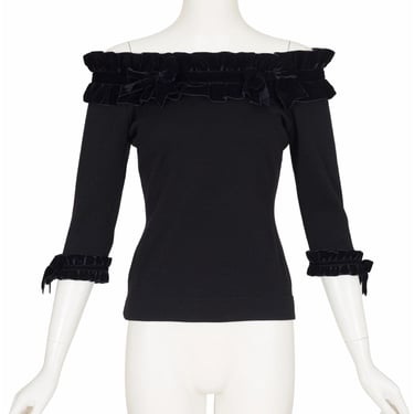 Moschino 1990s  Vintage Black Velvet Bow Trim Wool Jersey Top Sz XS S 