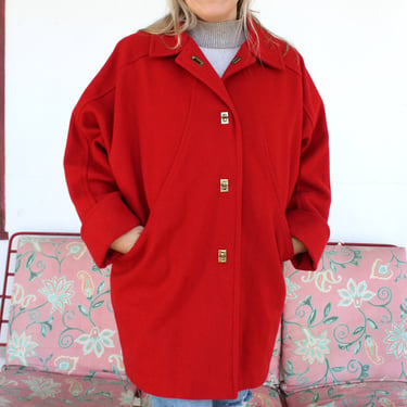 Red Wool Coat, Medium Women, Red Jacket, Peacoat, Dolman Sleeves, Vintage 80s Coat 