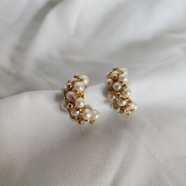 Vintage Goldtone Pearl Half Hoop Earrings 