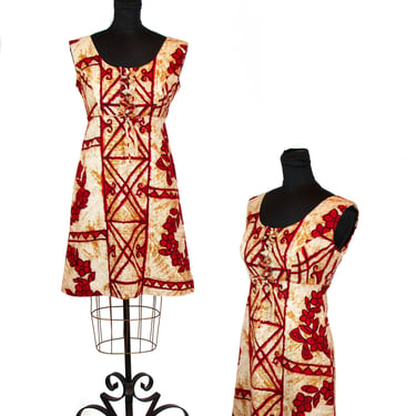 Vintage 1960s Dress ~ Hawaiian Tiki Retro Barkcloth Mini Sundress Dress 
