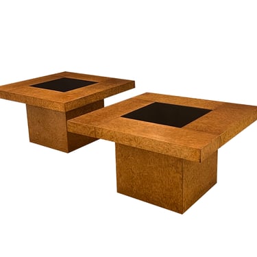 Pair G-Plan 1950s Burl Amboyna Square Coffee Tables with Bronze Glass Inserts