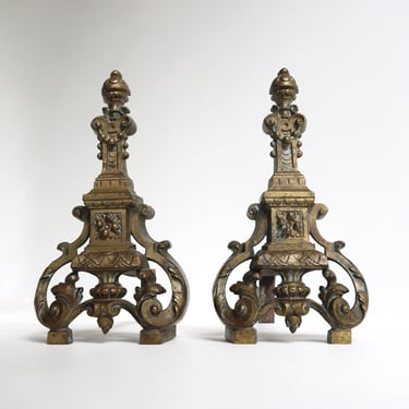 Antique French Brass Fireplace Andirons Ornate Baroque Style Fireplace Decor Firedogs Late 19th to early 20th century ca. 1880–1920 
