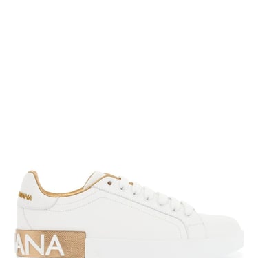 Dolce & Gabbana White Calfskin Low-Top Sneakers With Gold Details And Velcro Closure Women