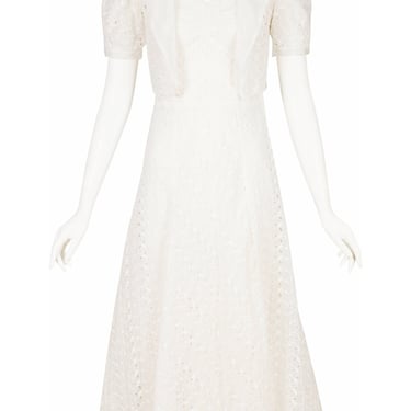 1930s Vintage White Silk Organza Eyelet Gown & Bolero Set Sz XS 