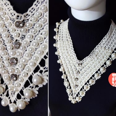 Fabulous Vintage Crochet Detachable V Collar or Necklace with Pearls & Rhinestones 