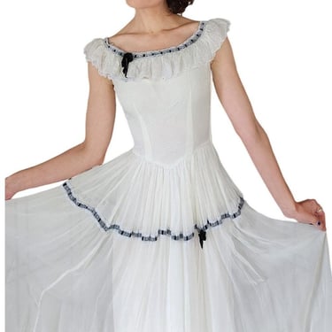 Vintage 30s White Ruffled Evening Dress Black Ribbon Trim 