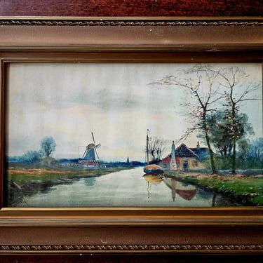 George Herdle Antique Watercolor Painting Dutch Canal Scene 