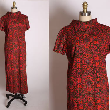 1960s Red and Black Swirl Short Sleeve Sheath Dress -L 