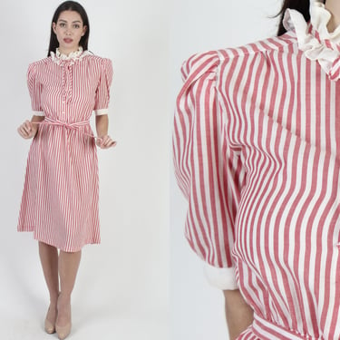 1980s Candy Stripe Dress, Simple Ruffle Tie Waist, Vertical Lined Secretary Full Skirt Mini Dress 