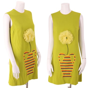 1960s 3D flower summer dress sz S , vintage 60s acid green short dress, Saba California mini dress 