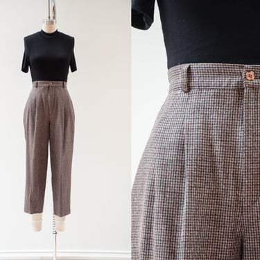 high waisted pants | 80s 90s vintage brown green burgundy houndstooth plaid checkered pleated dark academia trousers 