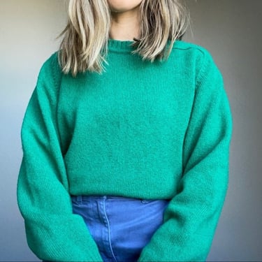 Vintage 70s Green Saks Fifth Avenue Warm Wool Oversized Crewneck Sweater Size Large 