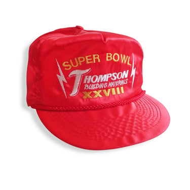 vintage hat / Super Bowl hat / 1990s Red Satin Super Bowl 28 Thompson strapback hat cap 