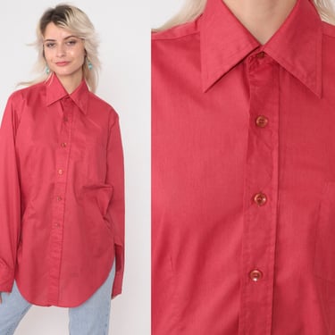70s Button Up Shirt Red Pointed Dagger Collar Top Long Sleeve Retro Basic Disco Shirt Plain Seventies Vintage 1970s Men's 15 1/2 Medium 