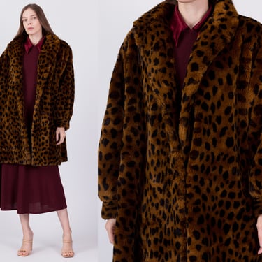 80s Leopard Print Faux Fur Coat - Extra Large | Vintage Oversize Animal Print Teddy Jacket 