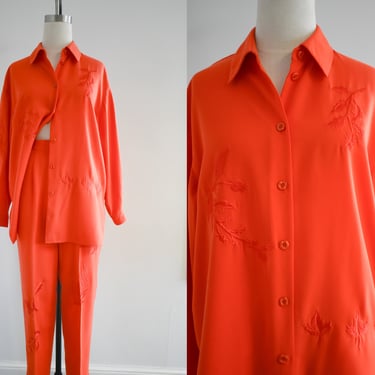 1990s Oversized Orange Embroidered Blouse and Trousers Set 