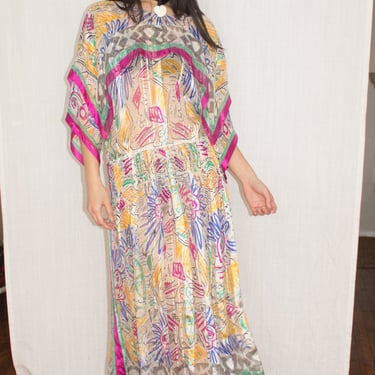 1980s Silk Farm Abstract Print Chiffon Dress 