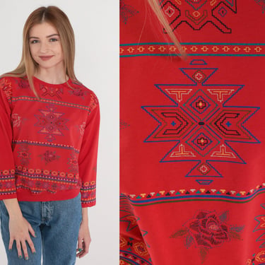 Southwestern Sweatshirt 90s Red Geometric Sweatshirt Floral Rose Print Pullover Sweater Southwest Graphic Shirt Boho Vintage 1990s Petite XS 