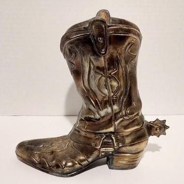 Vintage SCC Cast Metal Cowboy Boot Planter Vase 9" 