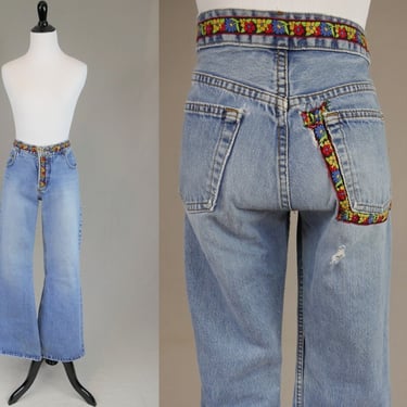 90s Flare Jeans - 32 waist - Distressed w/ holes, fraying, fade - Ribbon Trim - Low Rise Button Fly - X Manager - Vintage 1990s - 32