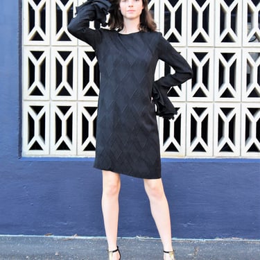 Vintage 1980s Louis Feraud Black Knee Length Dress with Layered Ruffled Cuffs, Size 8 US Women, Statement Sleeves 