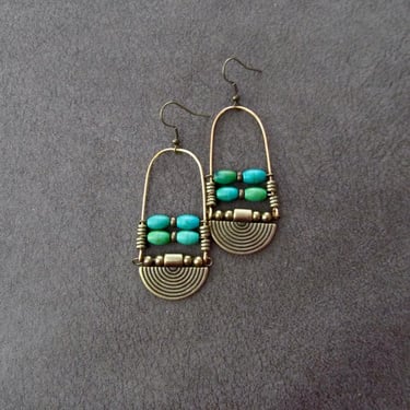Chandelier earrings, green magnesite stone and bronze, ethnic statement earrings, bold earrings, bohemian boho chic earrings 