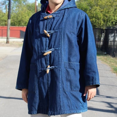 Vintage 1970s/80s Blue Denim Hoodie Coat, Long Jacket, XL Men, plush lining, toggle buttons 