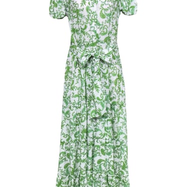 MISA Los Angeles - White &amp; Green Paisley Print Puff Sleeve Maxi Dress Sz L