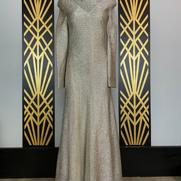 1960s lurex dress, vintage maxi dress, silver metallic dress, hostess, x-small, cowl neck, 25 waist, mod, disco, long sleeve, minx style, 32 
