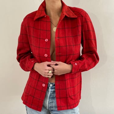 60s wool over shirt / vintage red wool windowpane grid over pocket camp shirt jacket | Medium 