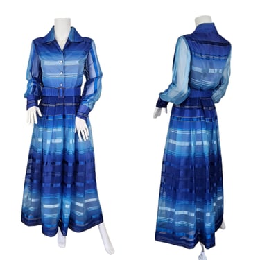 1970's Gradient Blue Stripe Chiffon Maxi Dress I Sz Med I Solo 
