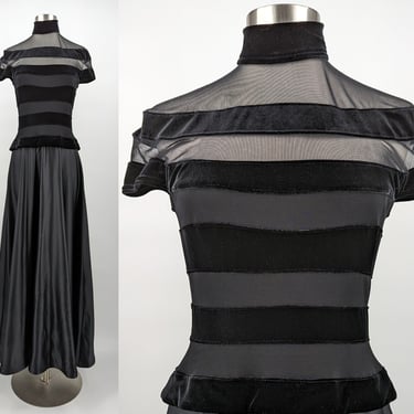 Vintage 90s Tadashi Shoji XS Black Velvet Striped Sheer Short Sleeve Formal Maxi Dress - Nineties Full Length Gown 
