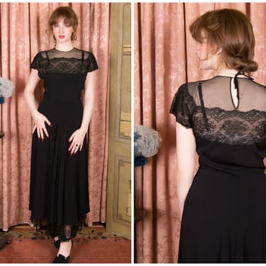 1940s Dress - Bewitching Vintage 40s Black Rayon Crepe Evening Gown with Nude Illusion Yoke and Peeking Lace Hem 