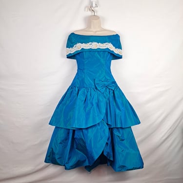 Vintage 80s Aqua Blue Prom Dress 