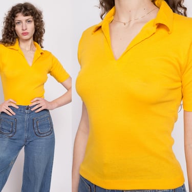 70s Esprit Yellow Collared Polo Shirt Small | Vintage Short Sleeve Cropped V Neck Top 