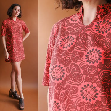 Vintage 70s Cotton Mini Dress/ 1970s Pink Orange Shift/ Size XS Small 