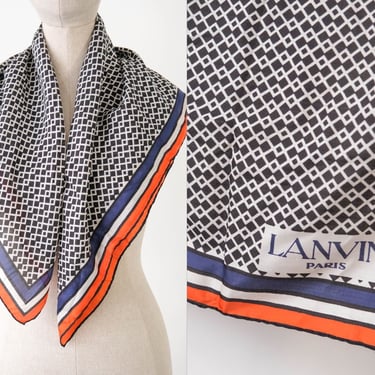 Vintage 70s LANVIN PARIS Geometric Diamond & Stripe Pattern Hand Rolled Silk Scarf | 100% Silk | 30x30 | 1970s French Designer Silk Scarf 