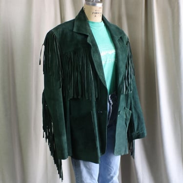 Green Fringed Suede JACKET / Unisex Leather Jacket / Vintage Western Outerwear / Women's XL to L 