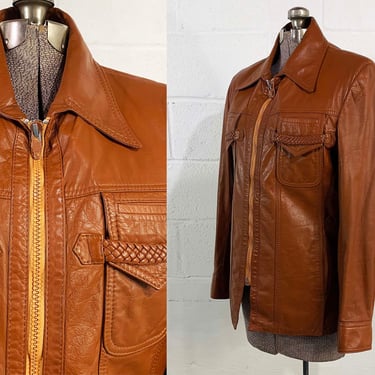 Vintage Brown Leather Jacket L'Europa Fashion Coat Hipster Zip Front Boho Mod Satin Lining 1970s Medium 