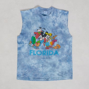 DISNEY TIE DYE Tee Vintage Sleeveless Cotton Blue Muscle Mickey Mouse Graphic T-Shirt Florida 90's / Small Medium 