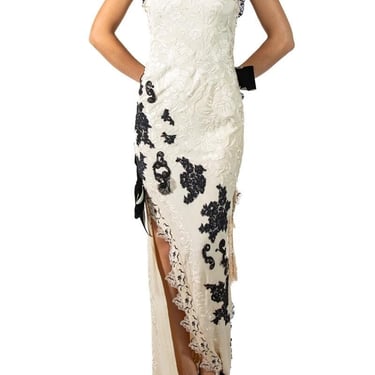 Morphew Atelier Cream  Black Bias Cut Silk Fully Hand Embroidered Gown With Victorian Chantilly Lace Velvet Ribbon Trim 