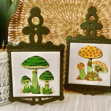 Groovy Mushroom Trivets, Neon Colors, Mushroom Tiles, Vintage 70s Home Decor, Set of 2, Sustainable Gift Idea 
