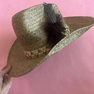 VTG Staw Cowboy Hat with Feather 